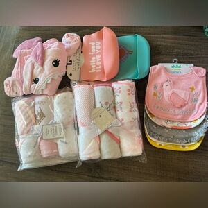 Baby Girl Bath & Feeding Lot Hooded Towels and Bibs